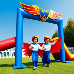 이미지 1:** A group of fully clothed children of various ages participating in a "Superwings Race" obstacle course. They are wearing comfortable, modest clothing. The background features colorful Superwings-themed decorations and cheering parents. Safe for work, family-friendly, perfect anatomy, appropriate attire, professional photography, high quality.