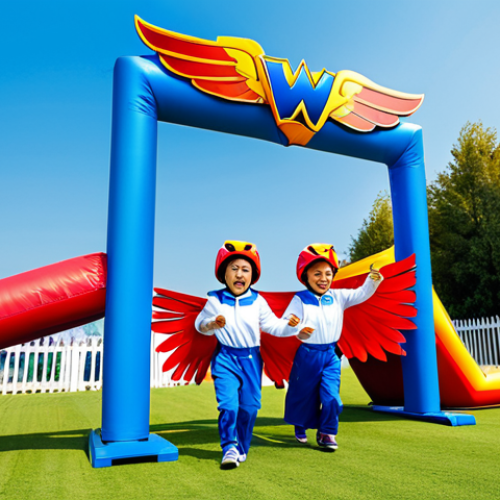 이미지 1:** A group of fully clothed children of various ages participating in a "Superwings Race" obstacle course. They are wearing comfortable, modest clothing. The background features colorful Superwings-themed decorations and cheering parents. Safe for work, family-friendly, perfect anatomy, appropriate attire, professional photography, high quality.