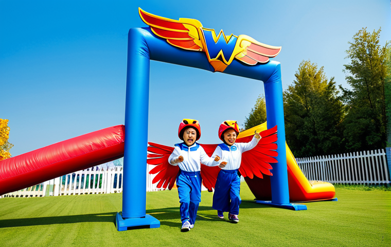 이미지 1:** A group of fully clothed children of various ages participating in a "Superwings Race" obstacle course. They are wearing comfortable, modest clothing. The background features colorful Superwings-themed decorations and cheering parents. Safe for work, family-friendly, perfect anatomy, appropriate attire, professional photography, high quality.