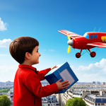 **Prompt:** Jett, the red airplane from Super Wings, delivering a package to a child in Paris, France. Eiffel Tower in the background. Fully clothed child, modest attire, safe for work, appropriate content, perfect anatomy, professional illustration, family-friendly.